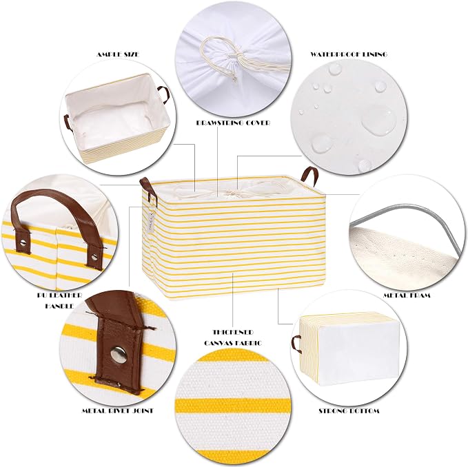 Hinwo 70L Extra Large Canvas Storage Bin with Lid and Handles | Collapsible Fabric Basket, Closet Shelf Organizer, Container for Clothing, Blankets, Toys, Bedding (Yellow Stripe)