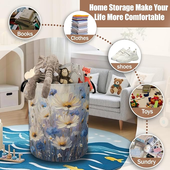 Watercolor Daisy Flower Laundry Baskets,Laundry Hamper,Storage Basket with Handles for Bathroom Bedroom College Dormitory Living Room Nursery Organizer 16"x20.8"