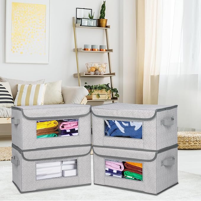 Univivi [4-Pack Fabric Storage Boxes Collapsible Storage Bins with Lids and Handles Cube Organizer Basket for Home, Closet, Bedroom (Gray, 14.4''x10''x8.3'') | Closet Storage Bins with Handles & Window, Collapsible Closet Organizers and Storage Cubes f...