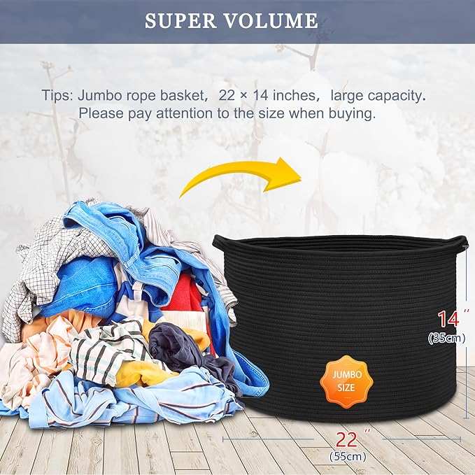 Extra Large Blanket Basket 87L, Laundry Hamper, Baby Nursery Hamper for Storage Toys Clothes Towels, Large Cotton Rope Laundry Basket for Girls Boys, 22”x 14”, Black