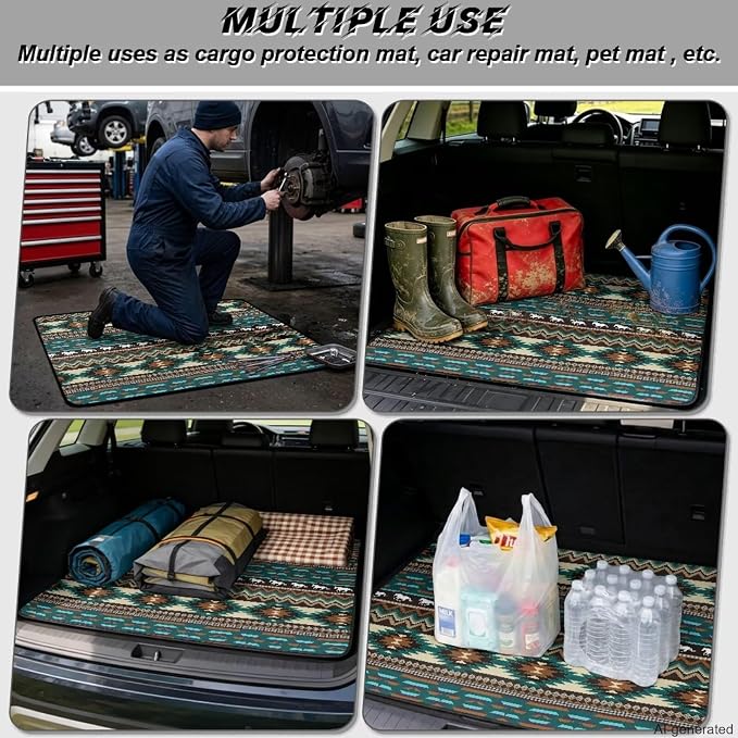 Howilath Car Trunk Mat All Weather Cargo Liner Non-Slip Green Southwestern Aztec Horse Rear Trunk Protection Vehicle Interior Accessories for Sedan & Truck