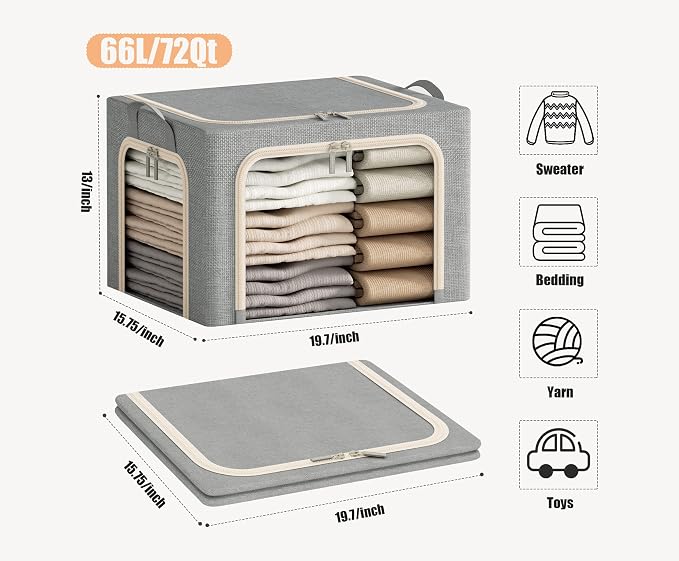 3 Openings Large Clothes Storage Bins with Metal Frame, Foldable Storage Bin for Clothes, Clothing Storage Bins with Lid, Linen Storage Box With Clear Window＆ Zippers＆ Handles.(3 Pcs,Light Grey,66L)