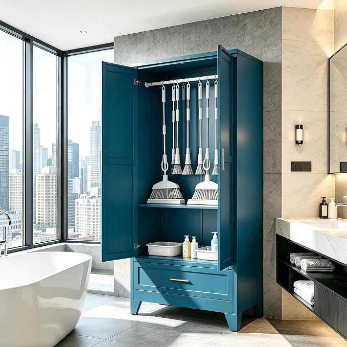 71" H Blue Storage Cabinets,Metal Storage Cabinets,Garage Cabinet,Broom Closet Storage Cabinet,Utility Cabinet