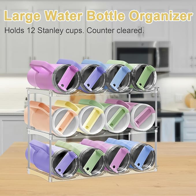 Stackable Water Bottle Organizer for Cabinet - Acrylic Tumbler Organizer Storage Rack for Stanley 40oz, Stanley Cup Holder, Pantry Kitchen Organizers and Storage for Stanley Cup, Holds 12 Bottles