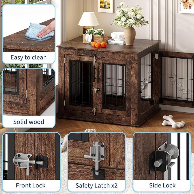 Farmhouse Dog Crate Furniture End Table - Heavy Duty Wooden Kennel Cabinet with Double Doors for Small/Medium Dogs, Rustic Brown Indoor Dog House Furniture Console for Living Room