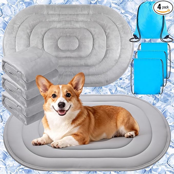 4 Pack Large Dog Cooling Mats 35" x 19" with Storage Bags, Reversible Ice Silk & Velvet Pet Cooling Pad, Summer Washable Bed for Crate, Sofa, Car, Travel