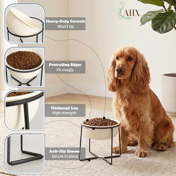 Ceramic Elevated Dog Food Bowl - Heavyweight Feeding Bowl with Metal Stand - Raised Pet Dish for Medium and Larges Dogs - 5.8 Cups - 47.3 oz - Beige