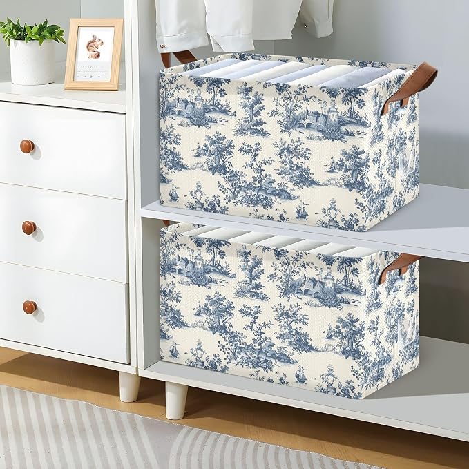 French Country Storage Bins for Shelves with Labels&Handles Fabric Organizer Bin Foldable Rectangle Beige Blue Vintage Storage Basket Boxes for Closet, Bathroom, Home, Living Room, 2 Pack