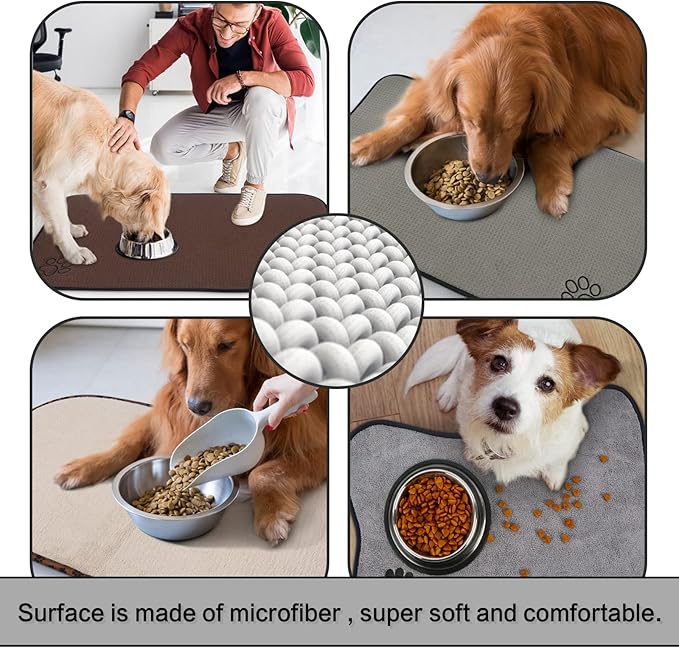 SINLAND Microfiber Extra-Large Pet Food Mat Dish Drying Mat Dog Feeding Mats Pet Bowl Mat with Anti-Skid Backing 21Inch x 32Inch Grey