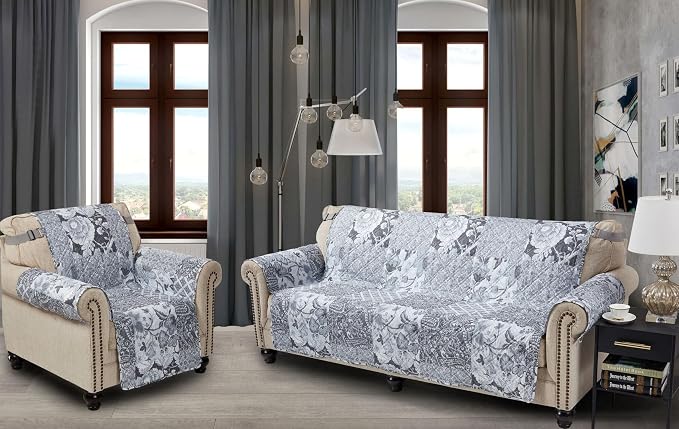 Brilliant Sunshine Multi Grey Flowers Couch Recliner Cover, 28" seat | Quilted Sofa Cover, Living Room & Bedroom Furniture Protector, Large Washable Reclining Chair Slipcover for Pets, Dogs & Cats