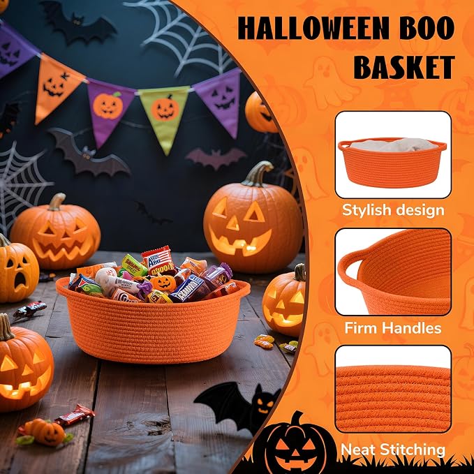 Goodpick Woven Rope Halloween Basket for Gifts Empty, 12" x 8" x 5", Orange | Small Boho Basket for Candy Snacks Treats Storage, Fits Living Room Nursery Halloween Decor, with Durable Handles