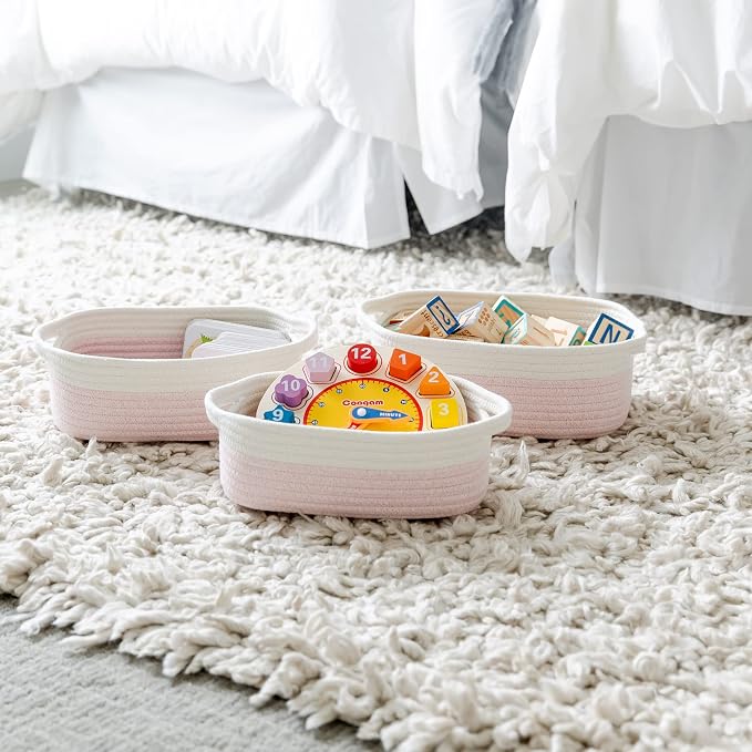 NaturalCozy 5-Piece Rectangle Storage Basket Set- Natural Cotton Rope Woven Baskets for Organizing! Small Basket for Montessori, Baby Nursery, Dog Toy Baskets, Cat Toy Box, Bathroom Organization Bin