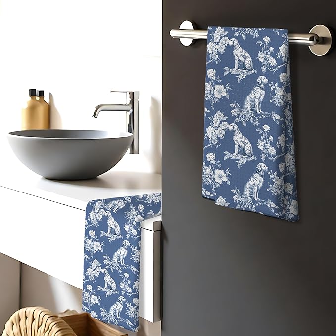 Chinoiserie Golden Retriever Kitchen Towels Set of 4,Blue and White Golden Retriever Floral Decorative Dish Tea Towels,Grandmillennial Botanical Dog Hand Towels for Kitchen Bathroom, 16x24 Inch