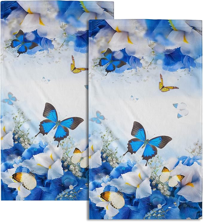 Giwawa Blue Butterfly Hand Towels Spring Flowers Kitchen Dish Towels Set of 2 Soft Absorbent Fingertip Towel for Bathroom Spa Gym Hotel
