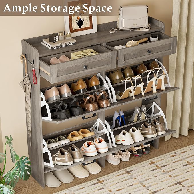BORNOON Shoe Storage Cabinet for Entryway, Farmhouse Wide Shoe Cabinet with 4 Flip Drawers and 2 Top Drawers, Freestanding Organizer with Adjustable Shelves, Hooks, and Anti-Tip Kit for Hallway