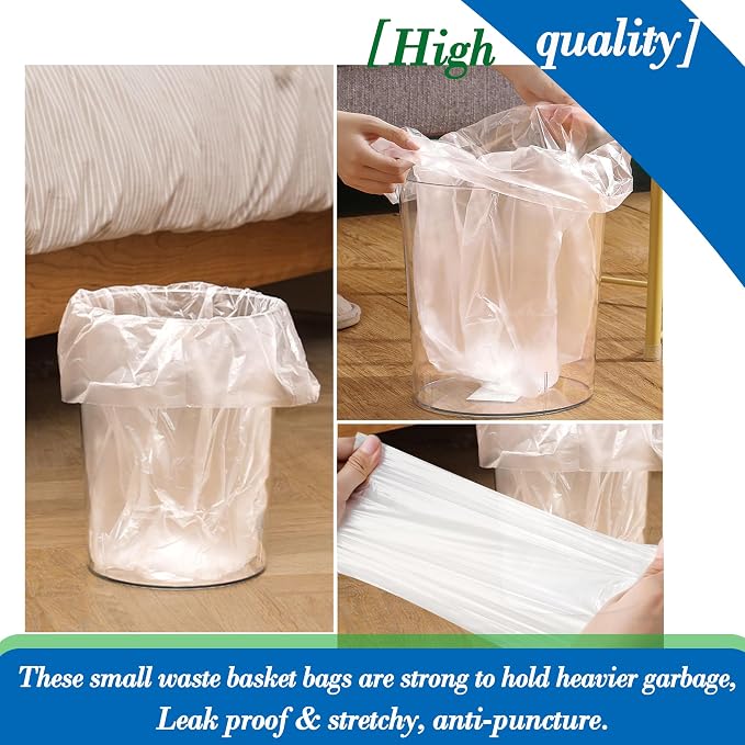 3 gallon Clear trash can liners,Small Garbage Bags 300,Extra Strong 2.6,3 Gal Trash Bag,Fit 10 liters trash Bin Liners for Home Office Kitchen （Clear 300）