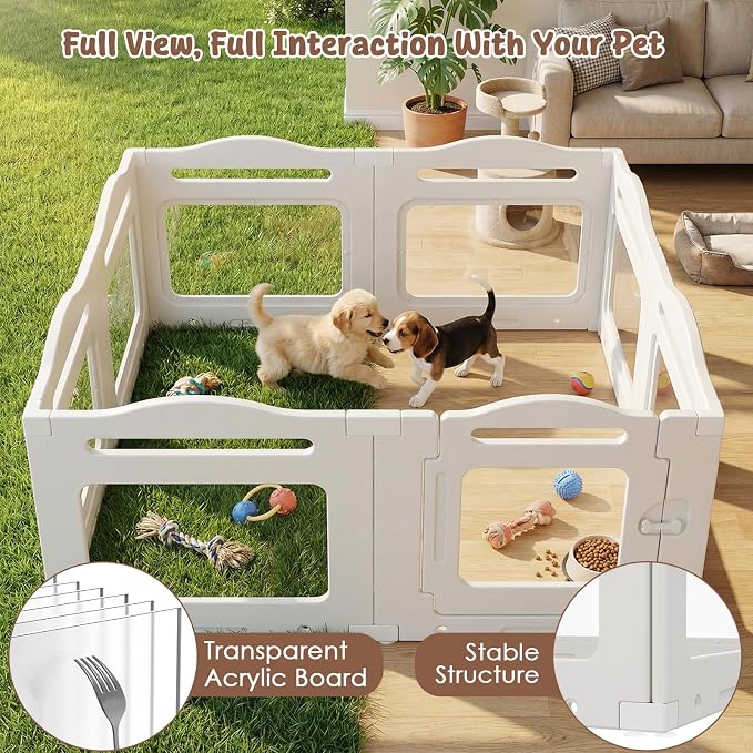 Clear Acrylic Dog Playpen Indoor, Puppy Kennel w/Locking Door, Pet Gate | 23.6 in 8-Panel Design, Easy to Clean & Install Play pen for Medium Dogs and Puppies, Stable Indoor Area Setup for Home Use