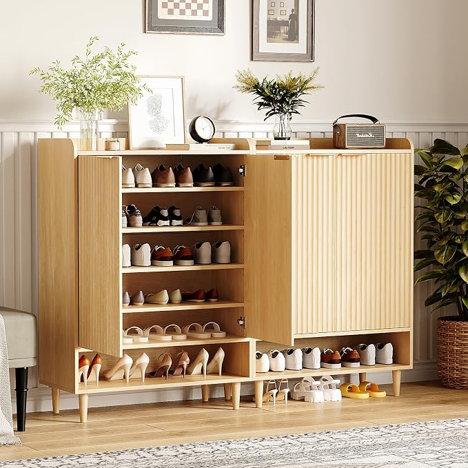 VINGLI Shoe Cabinet with Fluted Doors, 6 Tier Large Wooden Entryway Shoe Storage Cabinet with Adjustable Shelves,44.5" Tall Modern Freestanding Shoe Rack Organizer for Entryway, Hallway, Closet,Oak