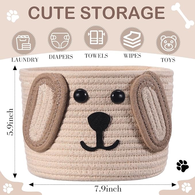 Zopeal Dog Woven Basket, 7.9" D x 6" H Cotton Rope Toy Storage Organizer, Dog Mom Gift Empty, Cute Laundry Puppy Gift Animal Basket for Clothes, Towels, Toy, Laundry, Bathroom, Home(Khaki, Beige)