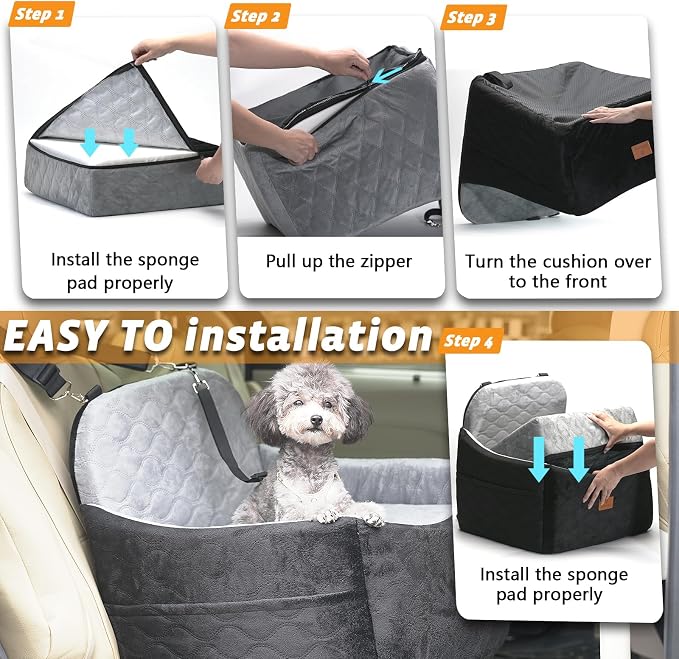 Dog/Cat Car Seat Pet Booster Seat for Dogs/Cats up to 30 lbs | Suitable for Small/Medium Pet Memory Foam with Detachable Washable Cover Travel-Safe Car Bed with Safety Belt/Storage Pocket
