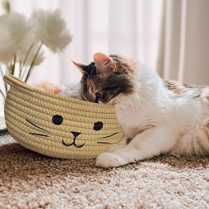 Small Cat Toy Basket, Gift Baskets Empty for Baby Shower,9.8" x 4" | Boo basket Cute Woven Rope Storage Basket for Home Decor, Baby Baskets for Nursery, Cat Pet toy box, Jute