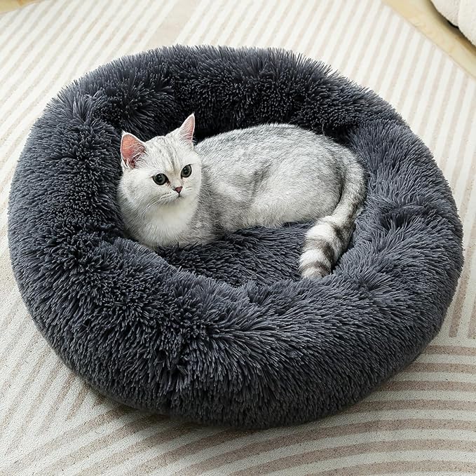 31 inches Calming Dog Bed for Large Dogs,Round Donut Plush Pet Cushion, Machine Washable Anti-Slip Bottom, Dark Gray Fluffy Warm Couch for Dogs Cats Up to 30KG
