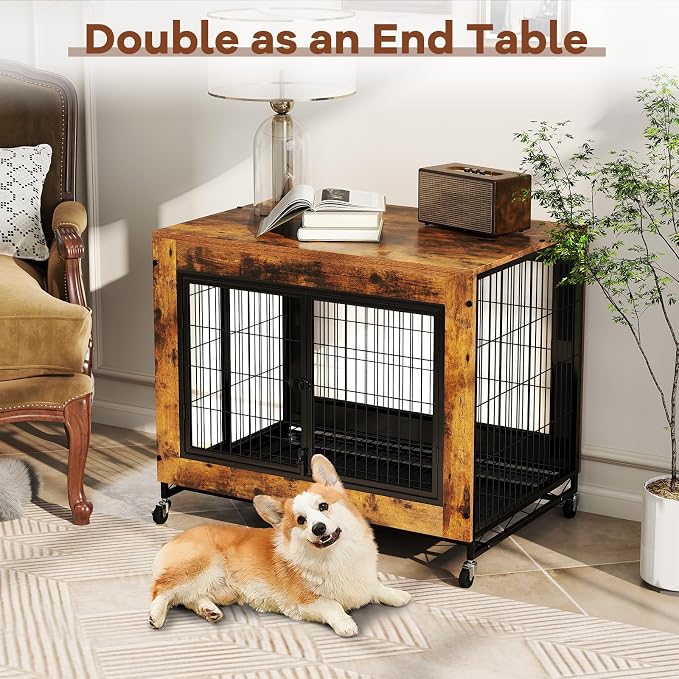 PETSITE Portable Dog Crate Furniture, 38 Inch Wooden Dog Kennel Side Table with Flip-up Top, 3 Lockable Doors and Removable Tray, Ideal for Small to Medium Dogs (Rustic Brown)