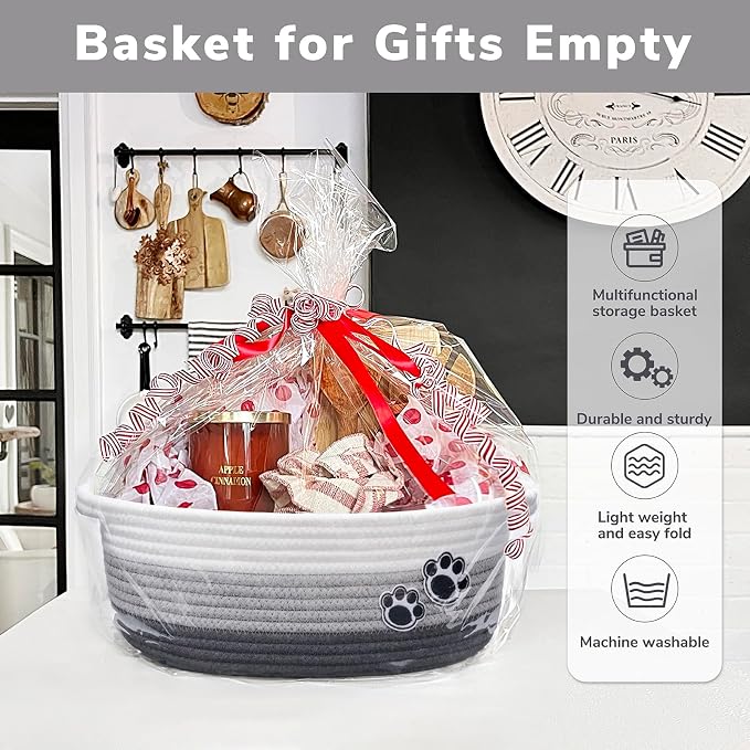 Woven Rope Dog Toy Basket with Paw Print, Mixed Grey | 12"x 8" x 5" Small Dog Toy Bin & Box with Handles, Fits Living Room Bedroom Nursery Organization, Gift Basket Empty for Pets