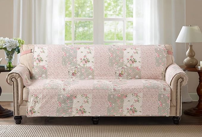 Brilliant Sunshine Soft Pink Roses & Sages Patchwork Couch Cover, 70" seat | Quilted Sofa Cover, Living Room & Bedroom Furniture Protector, Large Washable Slipcover for Pets, Dogs & Cats