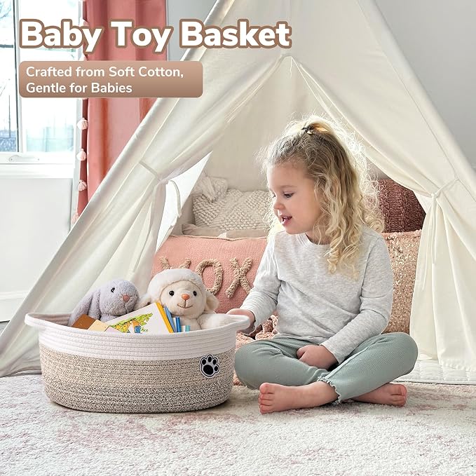 Medium Woven Rope Dog Toy Basket with Paw Print, Mixed Brown | 13.6"x 10" x 6", Cotton Rope Dog Toy Bin & Box, Gift Basket Empty With Handles, Storage Basket for living Room Bedroom