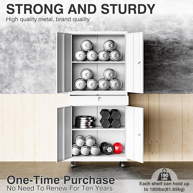 White Metal Storage Cabinet with Wheels and Drawer,Rolling Garage Cabinet with Locking Doors and Adjustable Shelves,73" Mobile Tall Large Metal Cabinets for Home,Office,Garage,Shop