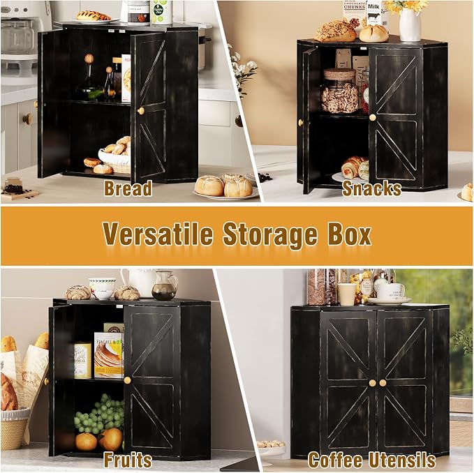 Trironsun Corner Bread Box for Kitchen Counter Double Layer Bamboo Bread Storage Container Large Capacity Bread Storage Bin Farmhouse Breadbox Organizer (Antique Black)