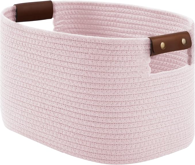 ECDYQXVU 15x10x9 Woven Cotton Rope Storage Basket, Leather Handles 1 Pack | Foldable Design, Sturdy PU Handles, Easy to Clean Organizer for Living Room, Closet, Shelves, Bedroom, Laundry, Clothes