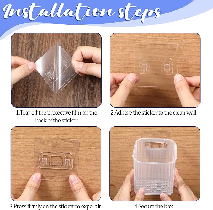 Clear Wall Basket, Wall Mounted Storage Bins, 8 Pcs | Plastic Cabinet Door Organizer Shower Caddy with Self-Adhesive Hanger, Containers Box for Bathroom Kitchen Pantry Countertop