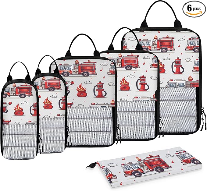 Fire Truck Compression Packing Cubes Transportation 6 Set Travel Packing Cubes for Suitcases Lightweight Expandable Organizers