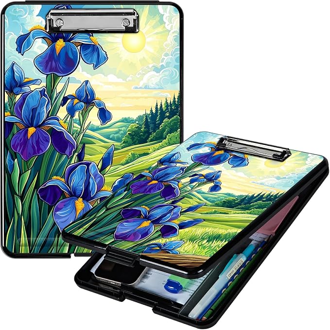 Heavy Duty Storage Clipboard, Slim Nursing Clipboard with Internal Pen Case, Portable File Organizer Case for A4 Letter Size Paper Office Medical Professionals, Blue Flower Lawn