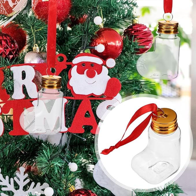 14pcs 50ml Pet Candy Bottles with Aluminum Caps and Red Hanging Strings – Sock-shaped Christmas Ornament Containers for DIY Holiday Tree Decorations and Candy Storage