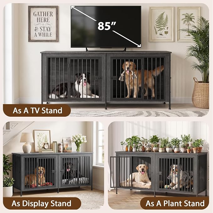EasyCom 78" Wooden Double Dog Crate with Divider & Raised Legs, Gray | Raised Legs, For 1–2 Small to Large Dogs, Multiuse TV, Plant & Display Stand