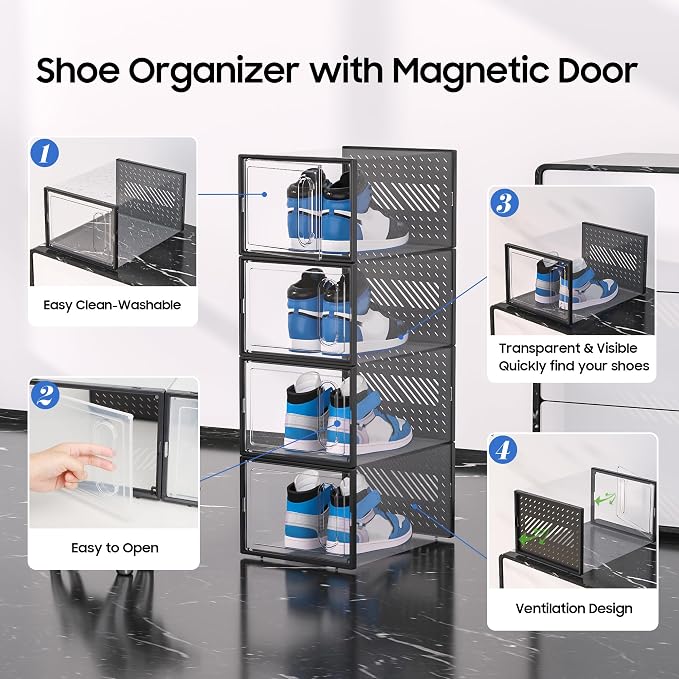 X-Large Shoe Boxes with Magnetic Door, 12-Pack Stackable Shoes Storage Organizer for Closet, Clear Plastic Sneaker Container Shoe Rack for Size 12, Black