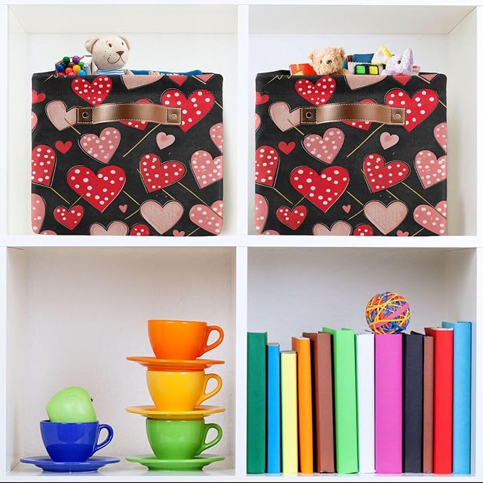 Wamika Happy Valentine's Day Black Storage Basket with Waterproof Liner and PU Handles Red Polka Dot Love Heart Pink Storage Bins Boxes 14.2" Collapsible Decorative Baskets for Bedroom Closet 1 Pack