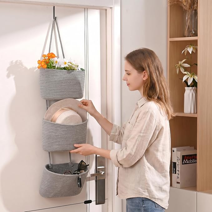 ICERZCZ Hanging Baskets for Organizing, Over the Door Decorative Storage Organizer, Nursery Decor Organization, 3-Tier Wall Basket for Entryway Playroom Bathroom Closet, Light Gray