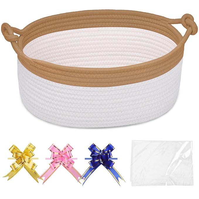 COMSE Small Gift Basket Empty with Bag & Ribbons, Camel & White | Cotton Rope, 12"x 8"x 5", Pet Toy Storage Organizer, Woven Basket for Birthdays, Baby Showers, Mother’s Day, Valentine’s Day