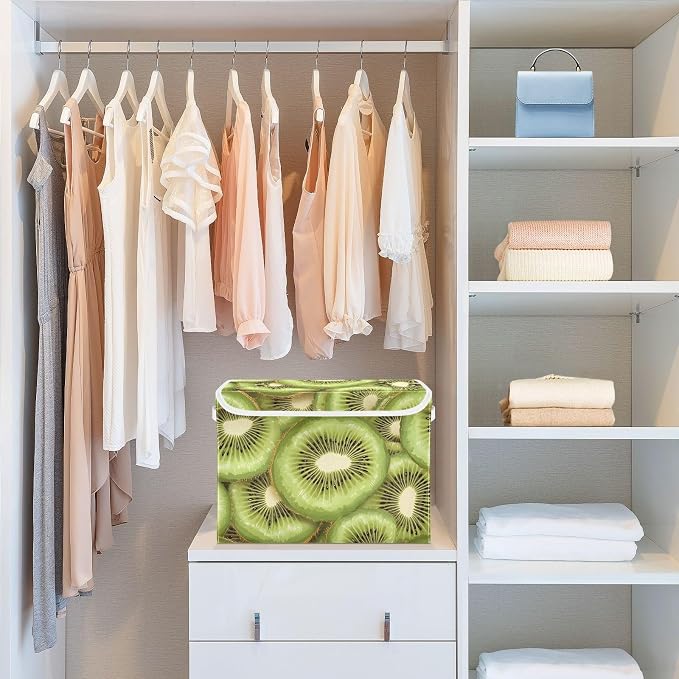 Fabric Storage Bins with Lid Fresh Kiwi Slice Closet Storage Basket 40L | Decorative Storage Boxes, Dust-Proof Flip Top, Reinforced Handles, For Home & Bedroom, Clothes & Toy Box, Oxford Fabric Print