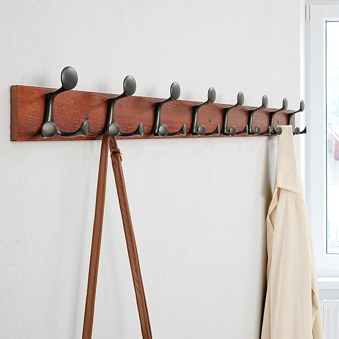 SKOLOO 43-Inch Cherry Wood Coat Rack Wall Mount with 8 Triple Hooks - Ideal for Family Entrances, Classrooms, and Pet Supplies Storage - Perfect Coat Hooks for Wall, Pack of 2