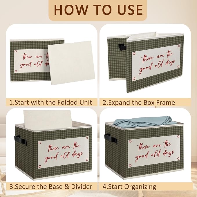 These Are the Good Old Days Foldable Storage Bins Box with Handles, Inspirational Gifts for Women Men, Olive Green Gingham Decorative Storage Boxes Baskets Organizer for Office Bedroom
