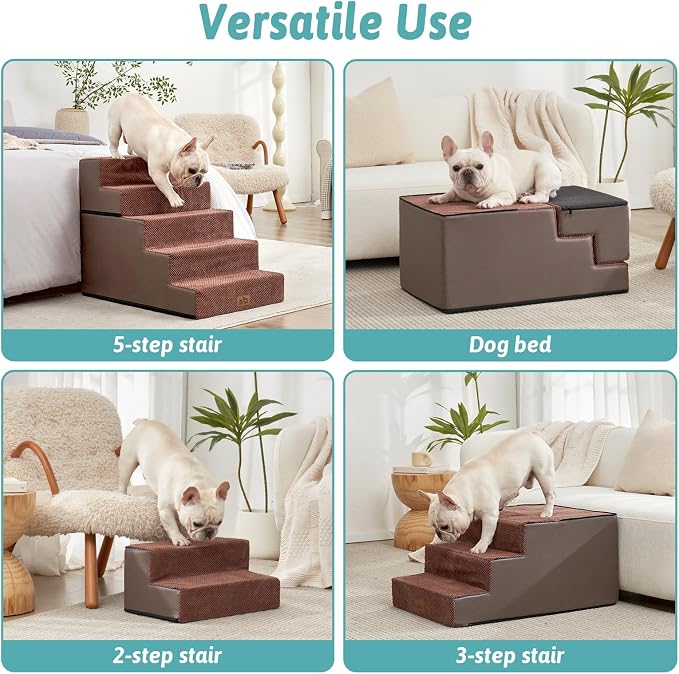 COZY KISS Dog Stairs for Small Dogs, 5 Step Pet Stairs for Beds & Couches | 23.6" Extra Wide Non-Slip Dog Steps with Removable Tiers & Support Board for Puppies, Older Cats & Dogs, Brown