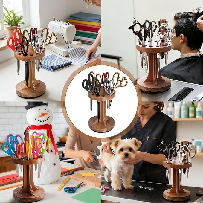 Rotating Scissor/Shear Holder, 12 Mixed-Size Slots for Sewing | No Assembly Required, Custom Fit for All Shears, 360° Swivel Base, Wooden Craft for Sewing, Kitchen & Pets