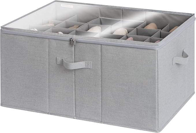 StorageWorks 24-Pair Large Shoe Storage Closet, Adjustable Dividers, Grey | Holds up to 24 Pairs, Foldable, Clear Lid, Reinforced Handles, Fits Sneakers, Sandals & Flats, For Closet, Entryway