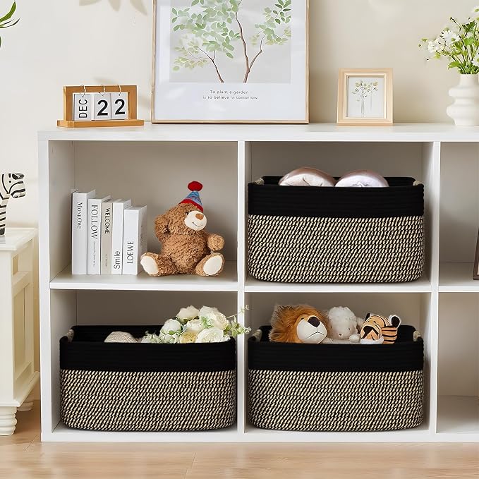 3 Pack Large Storage Basket for Organizing, 17.5"x13"x7" Woven Basket for Shelves, Closet Cube Storage Bins with Wrapped Handle, Cotton Rope Baskets for Kitchen, Clothes, Toys(Black & Brown)