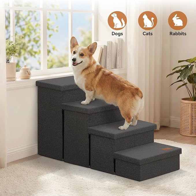 Zerbuger Dog Stairs with Storage, Dark Grey 4 Steps Dog Ramp no Condo | 23" H Wider Dog Steps for High Beds Couch, Folding Storage Pet Stairs Gift for Climbing Small/Medium/Large Old Dogs Cats